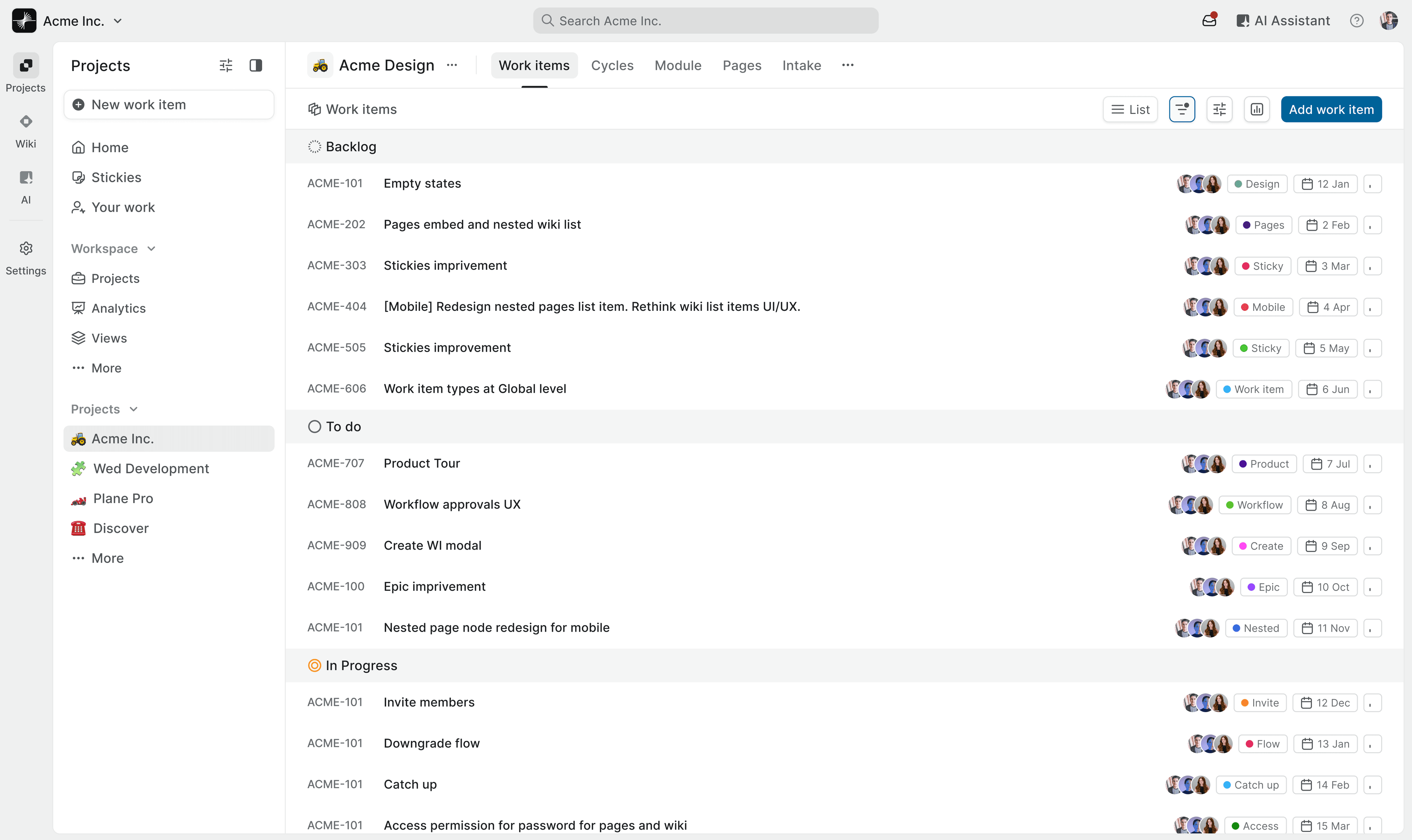 Plane interface showing categorized work items with tags, owners, and due dates.