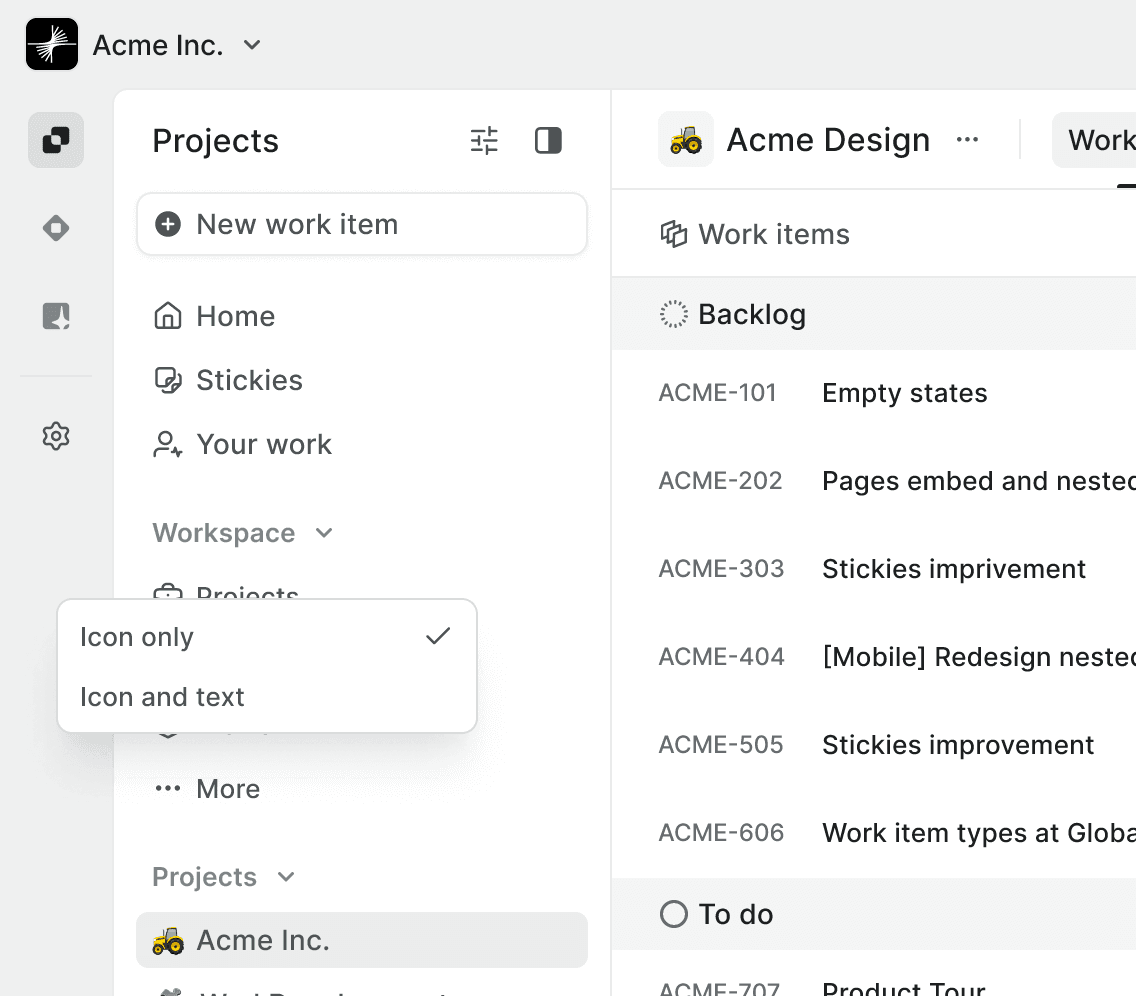Plane interface with sidebar and a menu for choosing icon-only or icon-and-text modes.