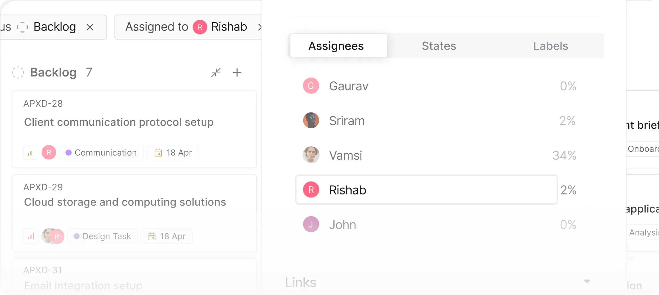 Filtered backlog view displaying work items assigned to a specific user, with assignee panel on the right in Plane UI.
