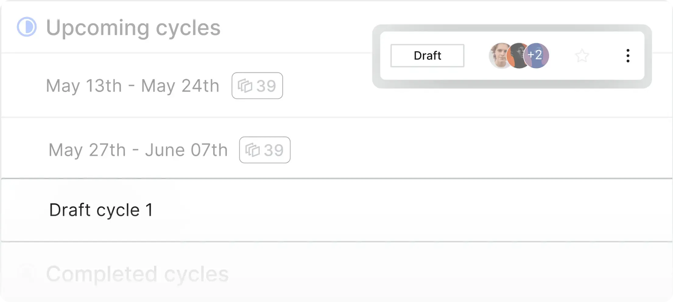 Upcoming cycles list showing scheduled and draft cycles with participant avatars.