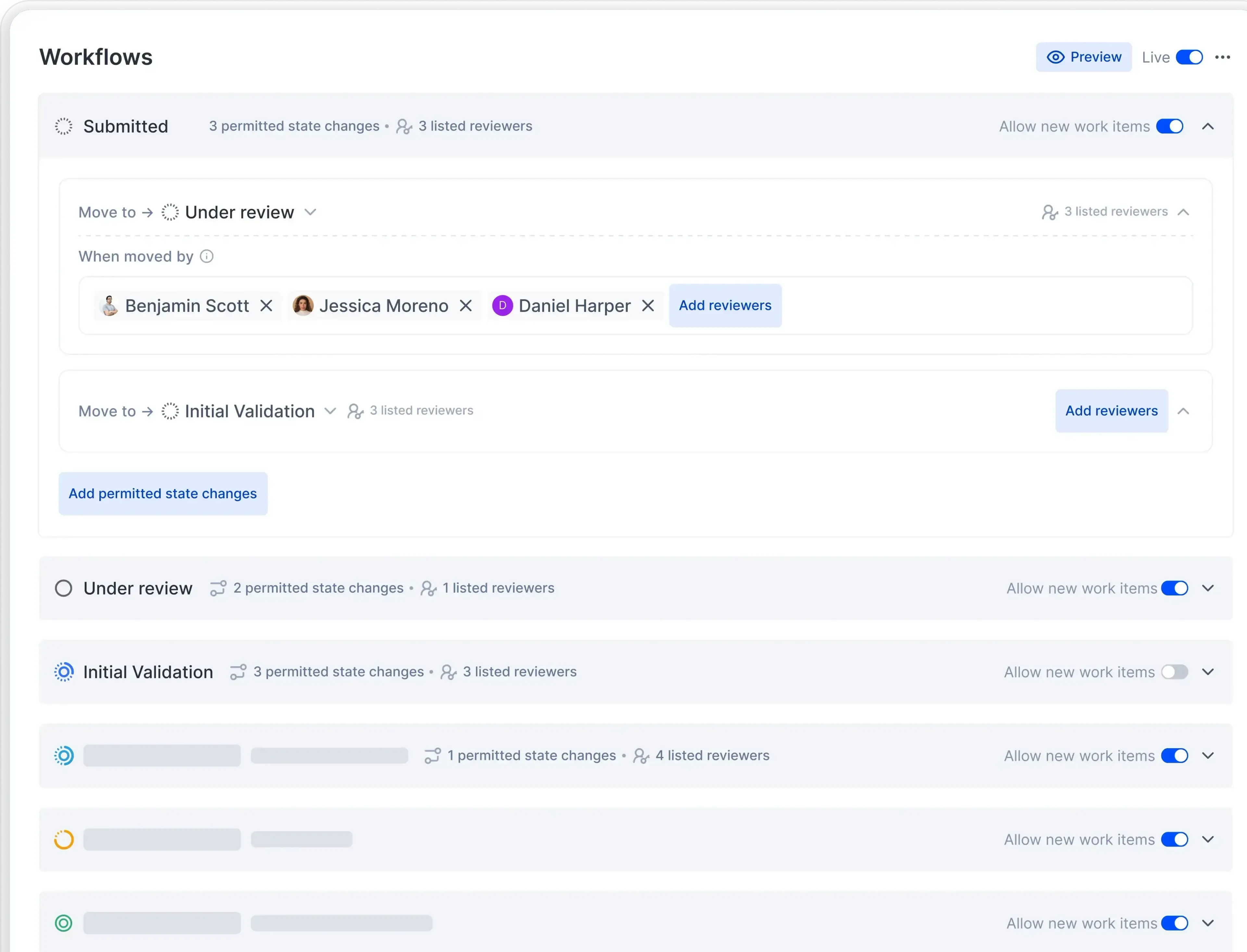 Workflow configuration panel displaying transition rules and reviewer assignments for progressing submitted items through review and validation stages.