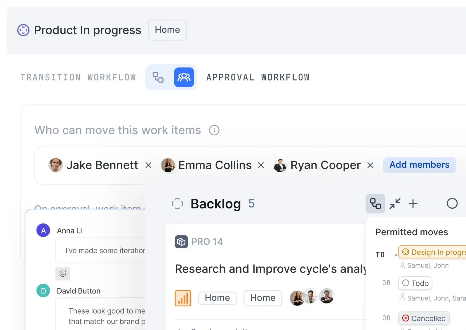 Approval workflow screen for a product project showing members allowed to transition work items, with a detailed card and permitted move options. Ask ChatGPT