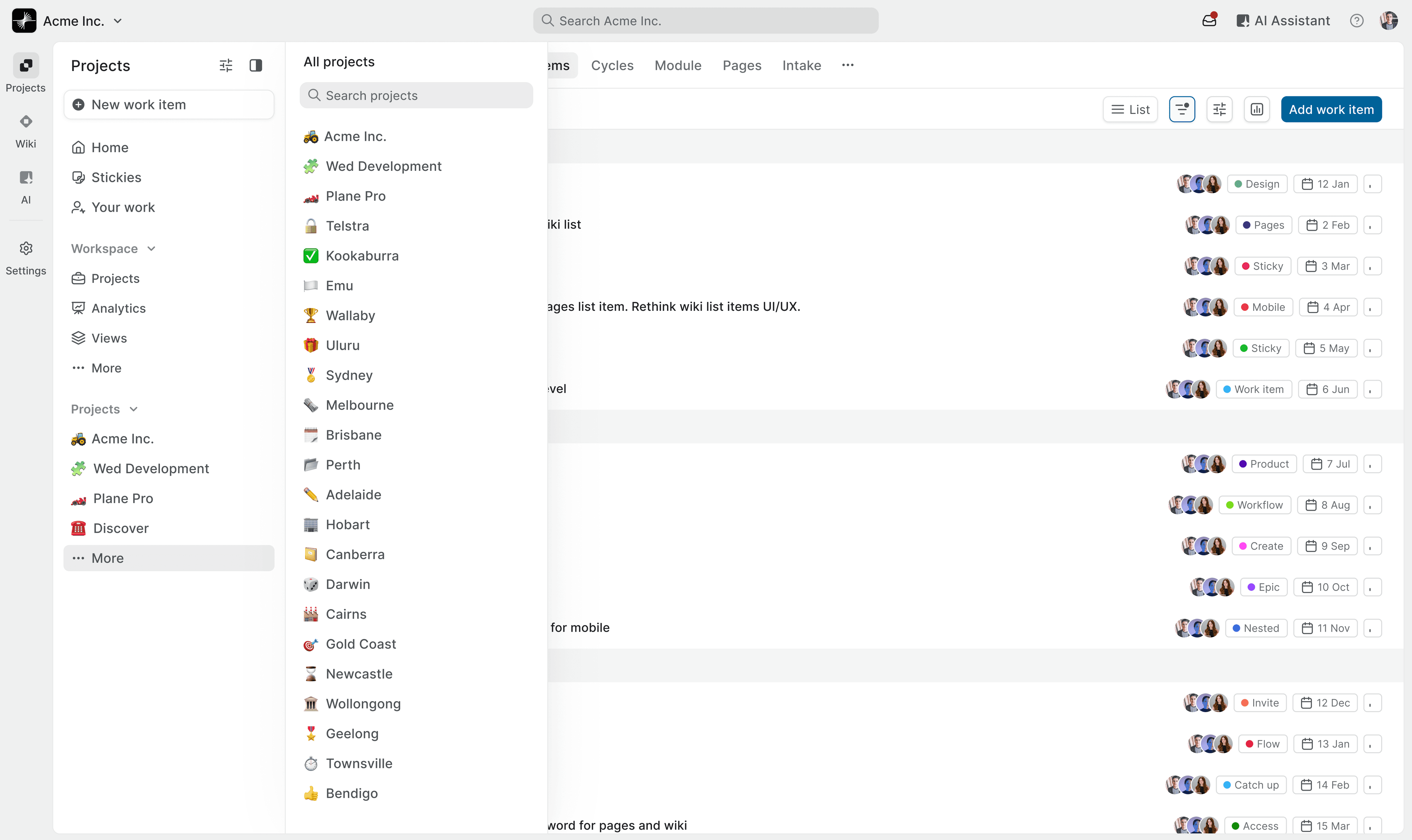 Plane interface showing expanded project list next to the main workspace navigation.